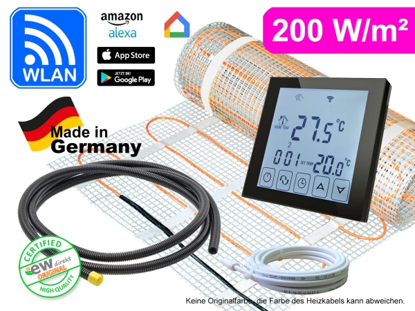 Thermostat RT-60 Wlan schwarz mit elektrische Fußbodenheizung SunPro 200 für Fliesen
