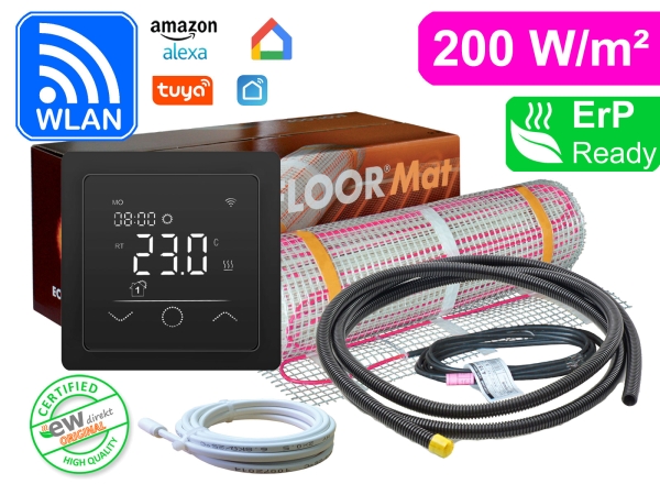 Thermostat RT-63 Wlan schwarz mit FENIX Ecofloor 200 W/m² elektrischer Heizmatte für Fliesen - Tuya Smartlife App