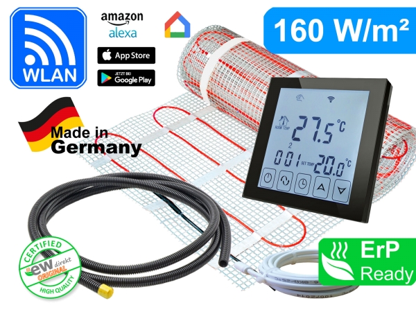 Thermostat RT-60 Wlan schwarz mit elektrischer Heizmatte SunPro für Fliesen 160 W/m²