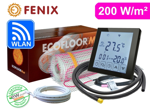 Thermostat RT-60 Wlan schwarz mit FENIX Ecofloor 200 W/m² elektrischer Heizmatte für Fliesen
